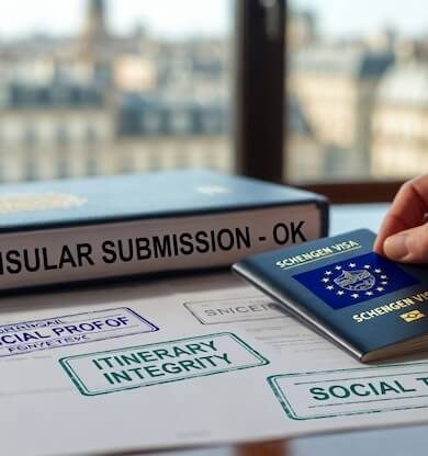 Schengen vize dosyası hazırlayan profesyonel bir gezginin elinde pasaport ve onaylanmış vize belgeleri.